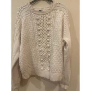 J Crew XXL Cable Knit Pom Bobble Sweater Cream Fisherman Chunky Cozy Heritage
